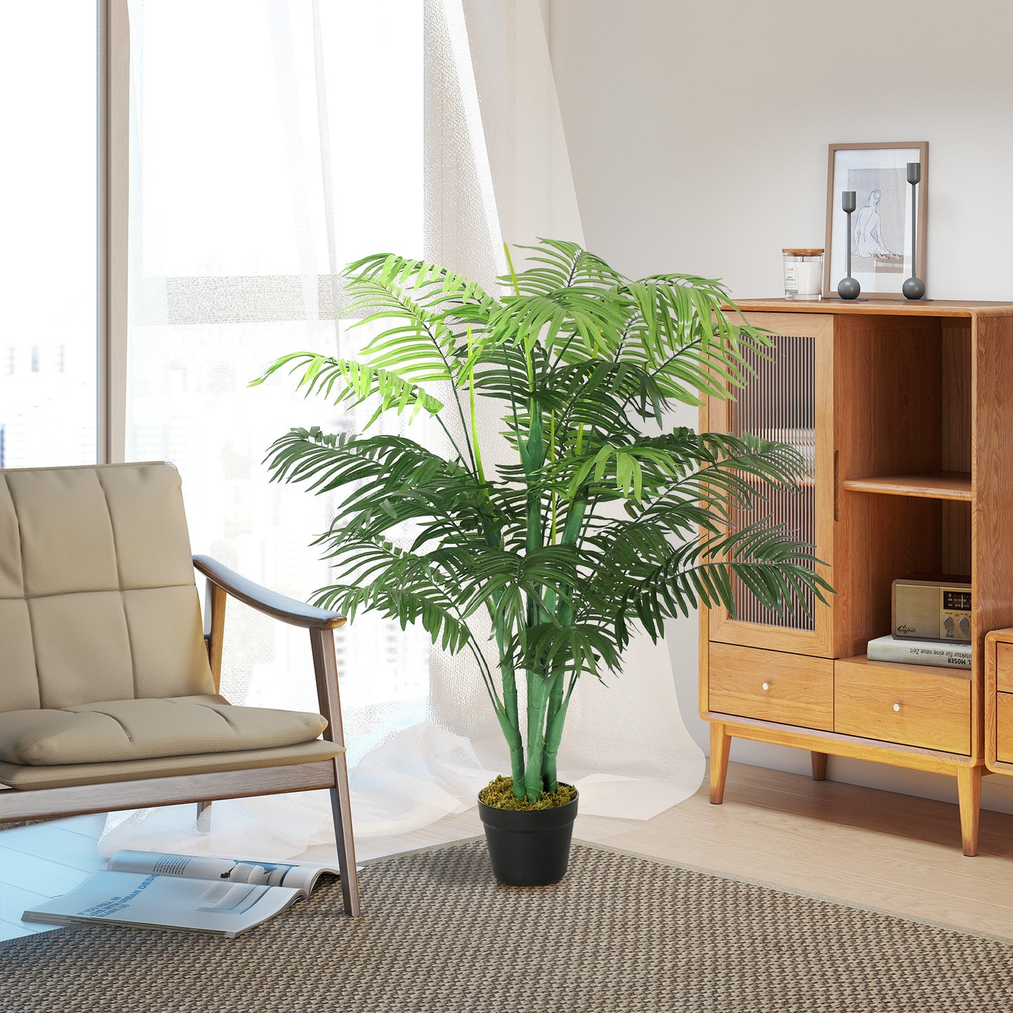 Outsunny 125cm/4FT Artificial Palm Plant Decorative Tree with Nursery Pot, Fake Plastic Indoor Outdoor Home Office D√É¬©cor, Green