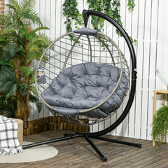 Outsunny PE Rattan Swing Chair, Outdoor Hanging Chair with Metal Stand, Thick Padded Cushion, Foldable Basket and Cup Holder, for Indoor and Outdoor, Grey