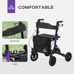 HOMCOM Folding Rollator Walker with Seat, Backrest, Lightweight Walking Frame with Storage Bag, Dual Brakes, Adjustable Handle Height, Suspension System, 4 Wheeled Walker for Seniors, Purple