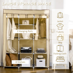 HOMCOM Fabric Wardrobe, Portable Wardrobe, Clothes Storage Unit with 8 Shelves, 2 Hanging Rods, 125 x 43 x 162.5 cm, Beige