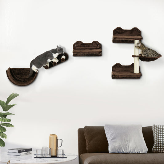 PawHut 4PCs Wall-Mounted Cat Shelves w/ Scratching Post, Hammock, Nest - Brown