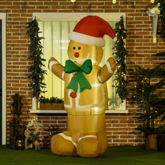 HOMCOM 6ft Christmas Inflatable Gingerbread Man & Santa Hat Safe Outdoor Decoration w/ LED Lights Accessories