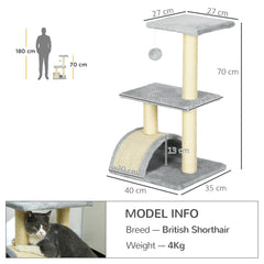 PawHut 72cm Cat Tree with Scratching Post, Pad for Indoor Cats - Light Grey