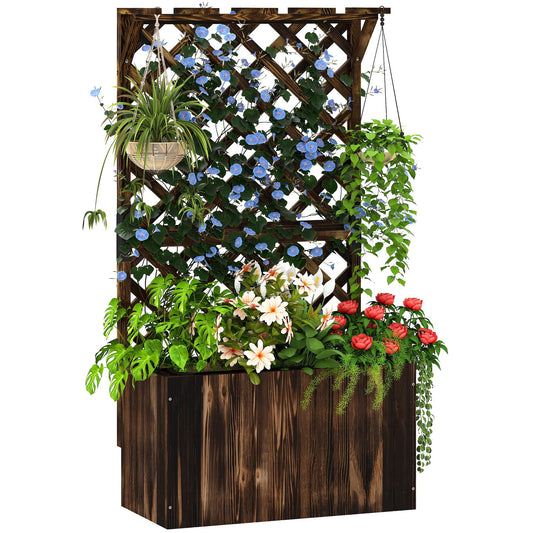 Outsunny Wooden Planter with Trellis, Freestanding Raised Garden Bed with Drainage Holes, Outdoor Planter Box with Liner for Vegetables, Herbs and Flowers, Carbonised