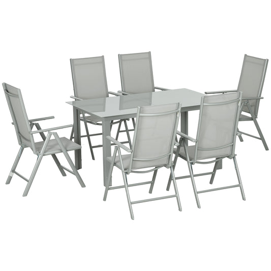 Outsunny 7 Piece Garden Dining Set, Outdoor Table and 6 Folding and Reclining Chairs, Aluminium Frame, Tempered Glass Top Table, Texteline Seats, Grey