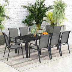 Outsunny 8 Seater Garden Dining Set with Stacking Chairs, Rectangular Tempered Glass Top, Garden Furniture Set, Outdoor Dining Table and Chairs for Patio, Balcony, Poolside, Dark Grey