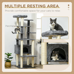 PawHut 184cm Cat Tree for Indoor Cats, Modern Cat Tower with Cat Bed, Perches, Scratching Posts, Cat House - Grey