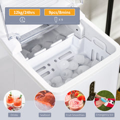 HOMCOM Ice Maker Machine, 1.5L Countertop Ice Cube Maker with Self-Cleaning, 9 Cubes Ready in 8 Mins, 12kg in 24 Hrs, No Plumbing with Basket, White