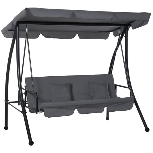 Outsunny Outdoor 2-in-1 Swing Chair Lounger 3 Seater Garden Swing Seat Bed Convertible Tilt Canopy W/ Cushion, Dark Grey