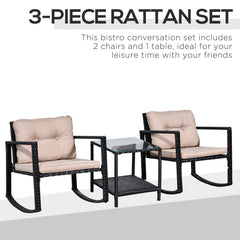 Outsunny 3 Pieces Rattan Garden Rocking Chair Set, Outdoor Rocking Bistro Set w/ 2 Cushioned Armchair and Glass Top Two-tier Coffee Table, Black