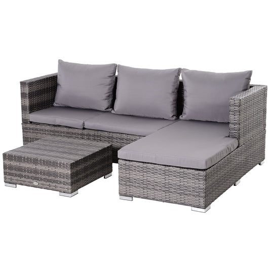 Outsunny 3PC Rattan Garden Furniture Storage Sofa Set 4 Seater Wicker Coffee Table Conservatory Sun Lounger Reclining Set Outdoor Weave with Cushion Grey