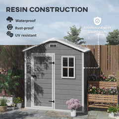 Outsunny 6 x 4ft Garden Shed, Plastic Shed with Floor, Window, Lockable Door and Vents, Wood Effect Resin Tool Shed for Outdoor, Grey