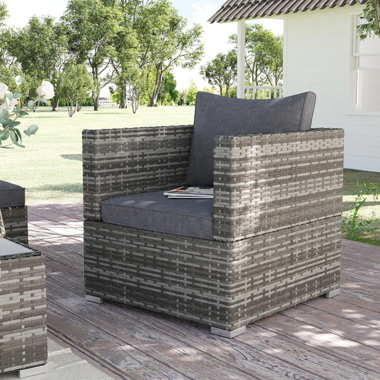 Outsunny Single Seater Rattan Chair Sofa with Padded Cushions, All-Weather PE Wicker Weave Garden Armchair with Armrests, Dark Grey