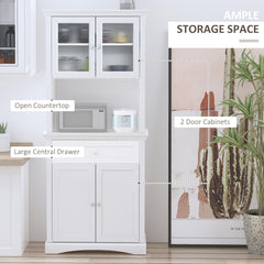 HOMCOM Kitchen Cupboard, Freestanding Storage Cabinet with Glass Doors, Adjustable Shelves, and Open Counter, White