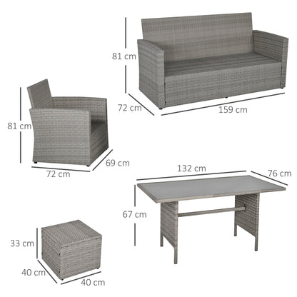Outsunny Six-Piece Rattan Sofa Set, with Glass-Top Table - Mixed Grey