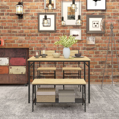 HOMCOM Square Dining Set for 4 Persons, Table, Chairs and Bench Included, Natural Wood Effect