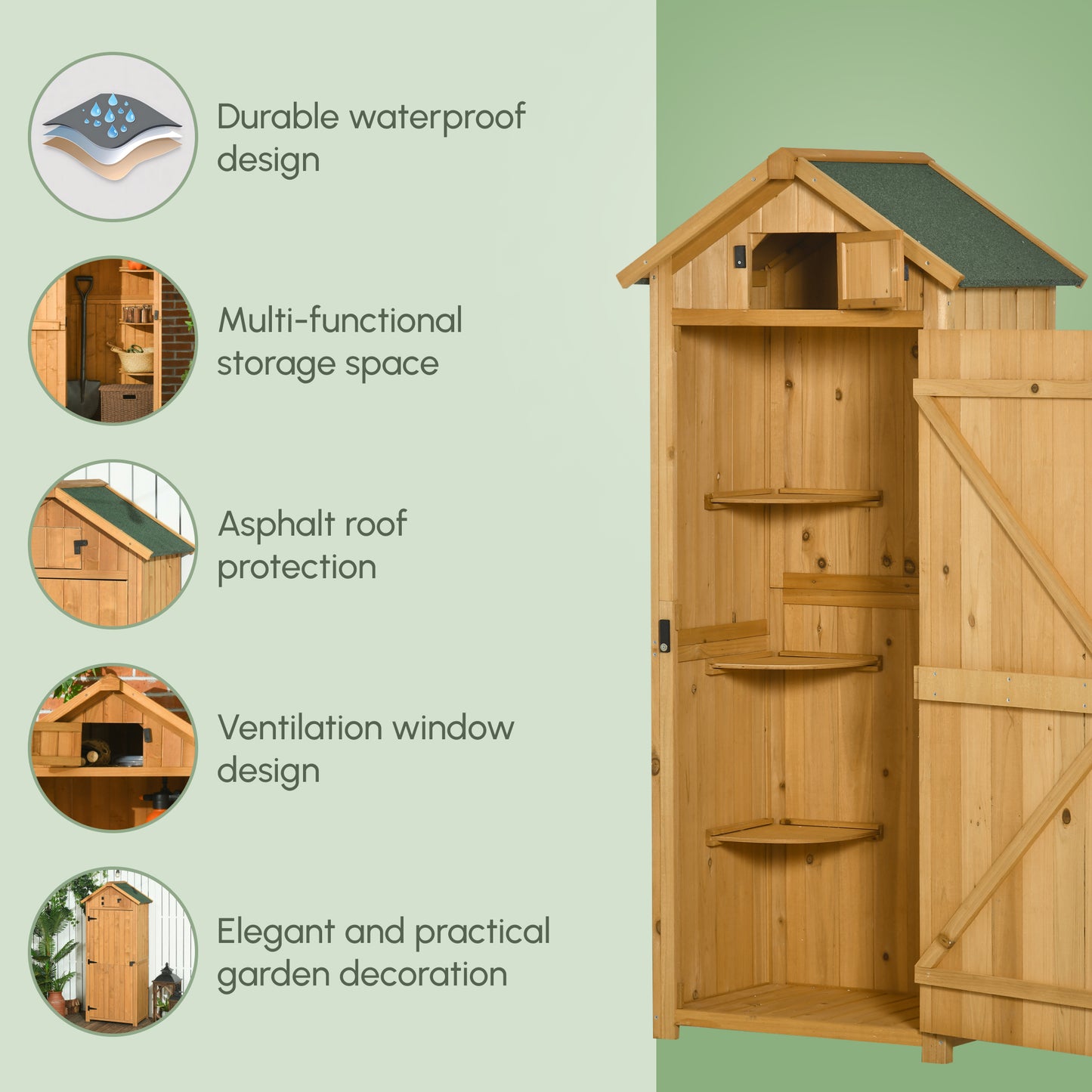 Outsunny Garden Shed Vertical Utility 3 Shelves Shed Wood Outdoor Garden Tool Storage Unit Storage Cabinet, 77 x 54.2 x 179cm - Brown