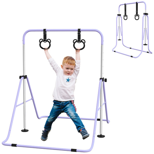 HOMCOM Adjustable Height, Foldable Kids Gymnastics Bar w/ Non-slip Rubber Floor Rings, for 3+ Years, Purple