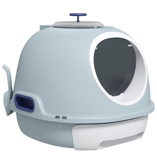 PawHut Cat Litter Box Toilet with Litter Scoop Enclosed Drawer, Front Entry Top Exit, Easy To Clean Blue