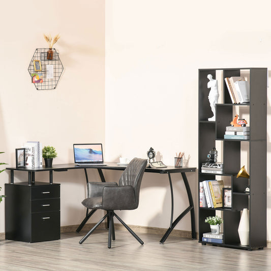 HOMCOM L-Shaped Computer Desk Table with Storage Drawer, Home Office Desk Corner Industrial Style Workstation for A4 Files 143.5 x 143.5 x 76cm, Black