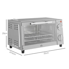 HOMCOM Mini Oven, 9L Countertop Electric Grill, Toaster Oven with Adjustable Temperature, Timer, Dishwasher Safe Baking Tray and Wire Rack, 750W, Silver