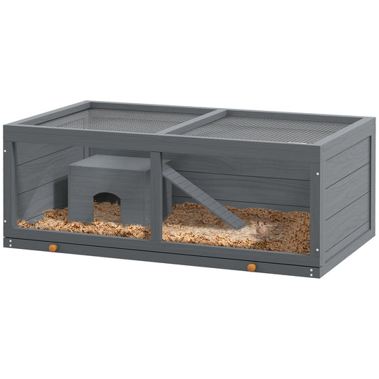 PawHut Wooden Hamster Cage with Sliding Tray, Openable Top, Hut for Syrian Hamster, Grey