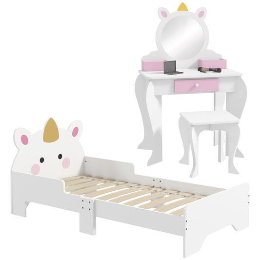 ZONEKIZ Kids Bedroom Furniture Set with Kids Dressing Table with Mirror and Stool, Toddler Bed Frame for 3-6 Years, Unicorn Design