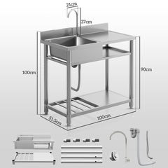 HOMCOM Outdoor Stainless Steel Kitchen Sink, Freestanding Sink Single Bowl with Cold and Hot Water Pipe and Storage Shelves