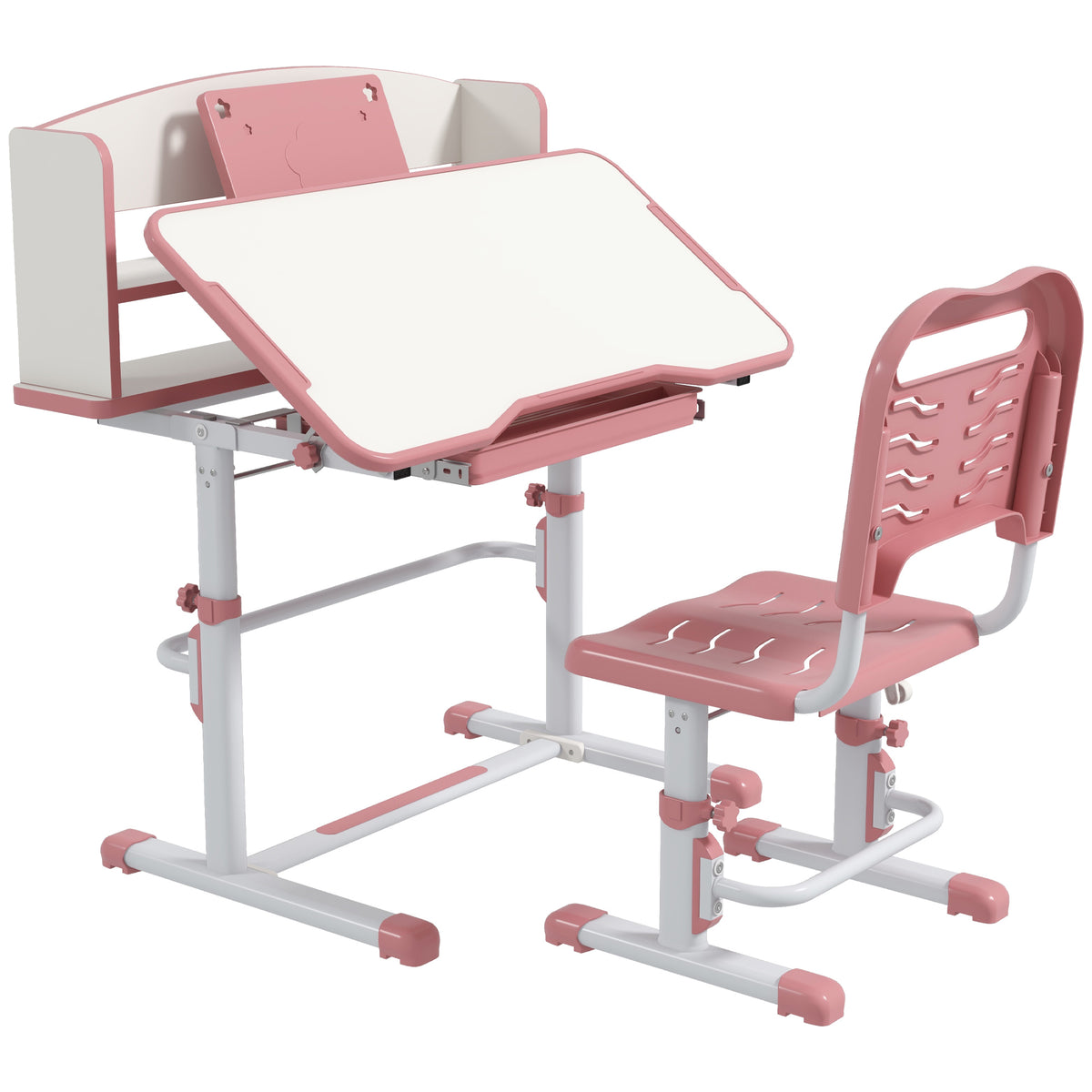 ZONEKIZ Height Adjustable Kids Study Table and Chair Set, with Drawer, Storage Shelf, 80 x 54.5 x 104 cm, Pink