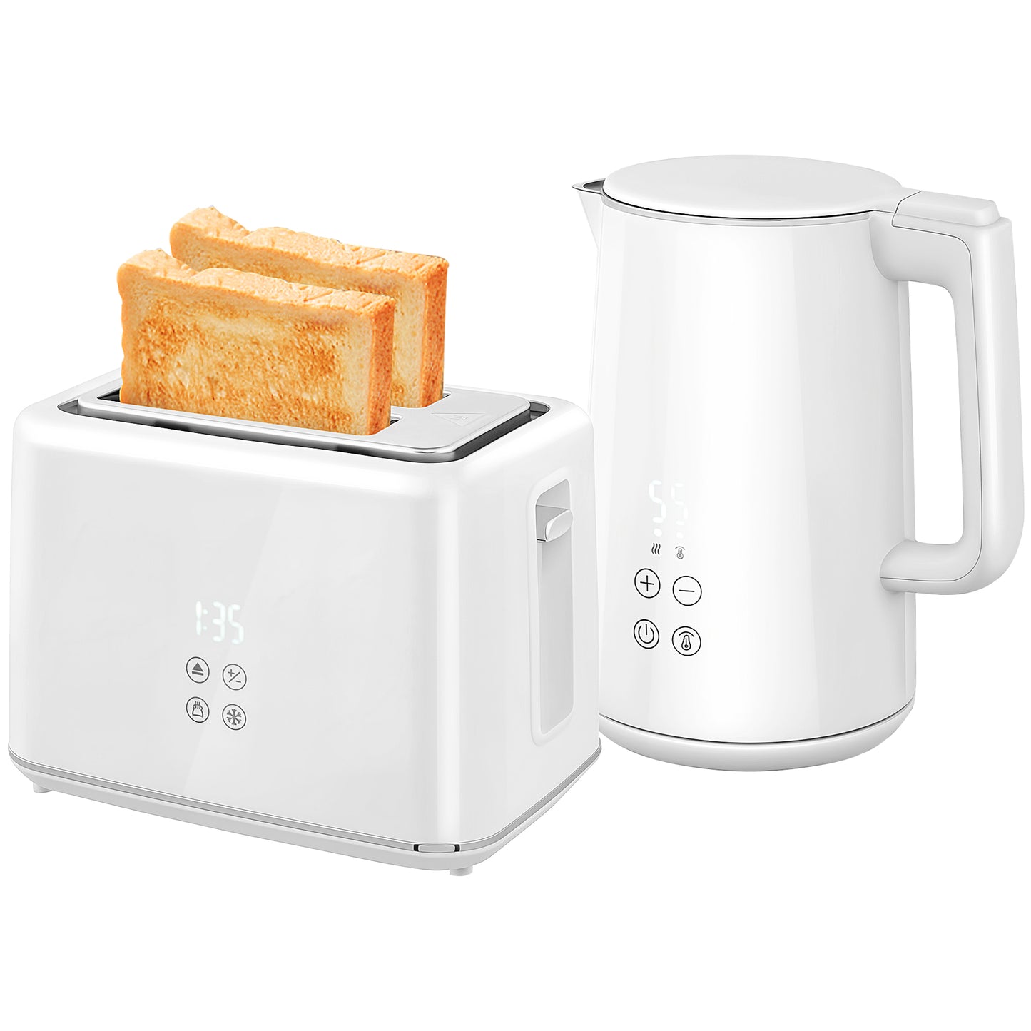 HOMCOM Kettle and Toaster Set, 1.5L 3000W Fast Boil Kettle with Insulation & 2 Slice Toaster Kitchen Set with 7 Level Browning Controls, Defrost, Reheat and Crumb Tray, White