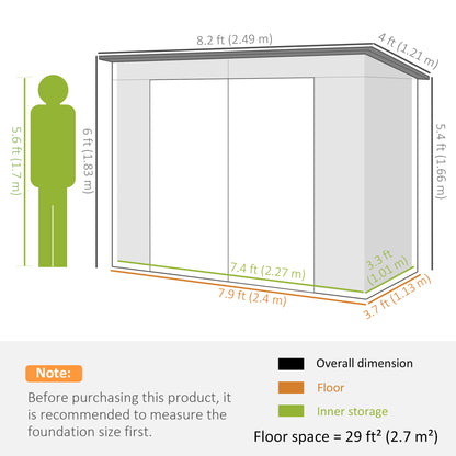 Outsunny 3.7 x 7.9ft Galvanised Steel Shed, with Latched Door and Padlock - Grey