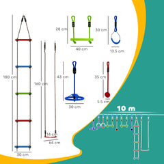 AIYAPLAY 10 Piece Zip Line Kit for Kids with 10m Slackline, Monkey Bars, Swing, Climbing Ladder, Hanging Tray, Metal Rings