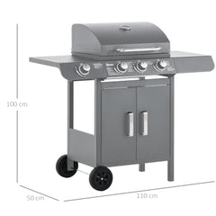 Outsunny 3+1 Burner Gas BBQ Grill, Outdoor Barbecue Trolley with Wheels, Warming Rack, Side Shelves, Cabinet, Thermometer for Garden, Party, Camping, 110L x 50W x 100Hcm, Grey