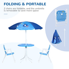 Outsunny Kids Outdoor Bistro Table and Chair Set, Folding Garden Furniture w/ Shark Design, Removable, Adjustable Sun Umbrella, Ages 3-6 Years - Blue