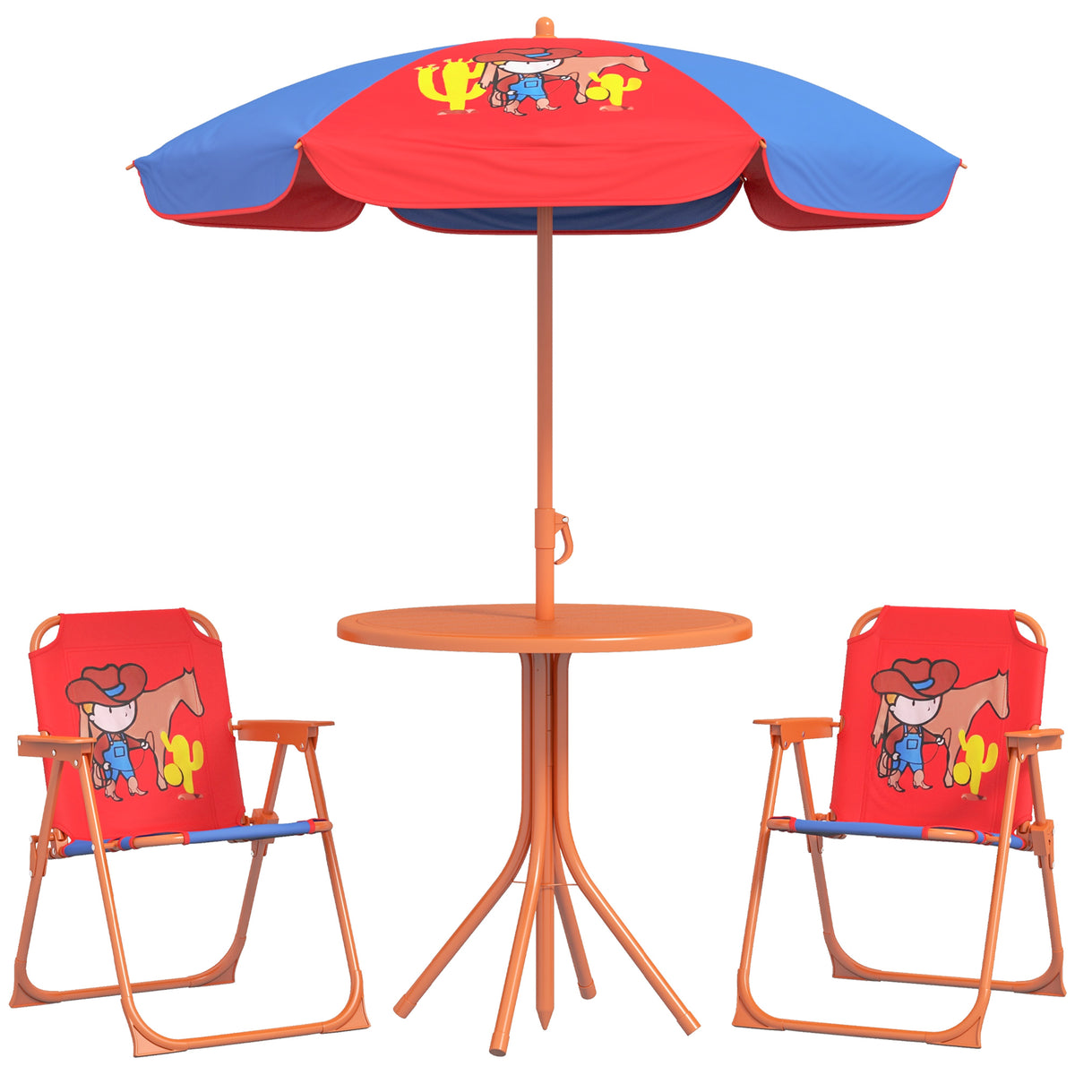 Outsunny Kids Picnic Table and Chair Set, Cowboy Themed Outdoor Garden Furniture w/ Foldable Chairs, Adjustable Parasol