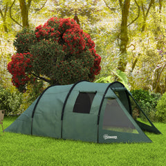 Outsunny Two Room Tunnel Tent Camping Tent for 3-4 Man with Windows, Covers, Carry Bag, for Fishing, Hiking, Sports, Green