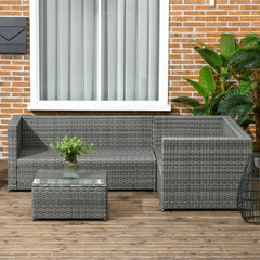 Outsunny 3 Pieces PE Rattan Garden Furniture Set with 10 cm Thick Cushions, 4 Seater Garden Corner Sofa Set with Glass Top Coffee Table, Outdoor Furniture for Patio, Porch, Grey