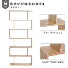 HOMCOM Bookcase, 6 Tier Shelf S Shaped Bookshelf, Storage Unit, Display Shelf for Living Room, Bedroom, Home Office, Plant, Oak