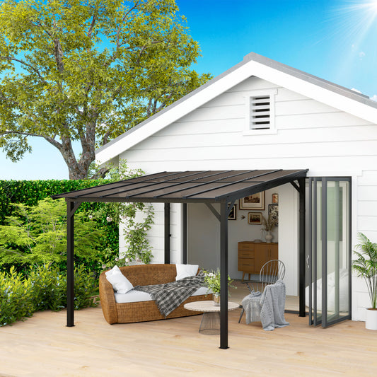 Outsunny 3 x 3(m) Metal Pergola with UPF 50+ and Waterproof Polycarbonate Roof, Wall-Mounted or Free Standing Garden Gazebo, Wind-resistant Outdoor Sun Shade, Dark Grey