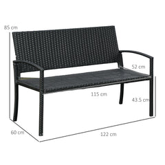 Outsunny 2 Seater Poly Rattan Garden Bench, All Weather Wicker Garden Loveseat, Outdoor Seating Bench with 240 Load Capacity, Backrest and Armrests for Patio, Terrace, Balcony, Black