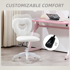 HOMCOM Armless Heart Computer Desk Chair, Teddy Fleece Swivel Office Chair, Makeup Vanity Chair with Height Adjustable, Wheels, for Home Study Bedroom, White