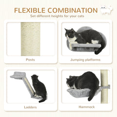 PawHut Three-Piece Wall-Mounted Cat Shelves, with Hammock, Ladder, Platforms, Scratching Post - Grey