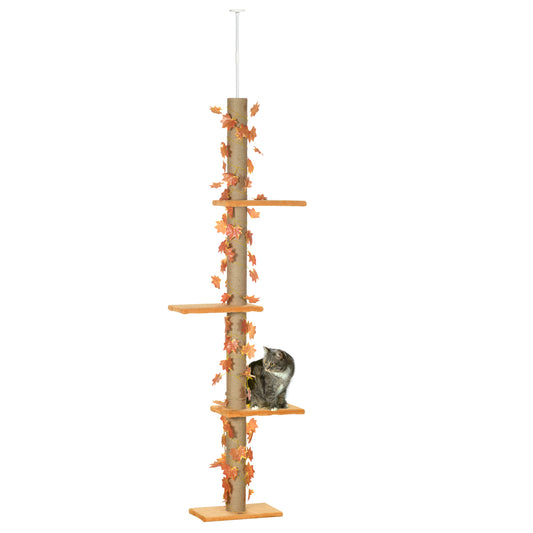 PawHut 242cm Adjustable Floor-To-Ceiling Cat Tree, with Artificial Decoration, Perches, Anti-Slip Kit - Orange