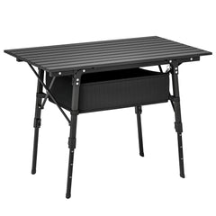 Outsunny Folding Camping Table, 90 x 55 cm Height Adjustable Portable Collapsible Table, 3ft Lightweight Aluminium Rollup Picnic Table with Storage Basket for Outdoor Garden Party BBQ, Black