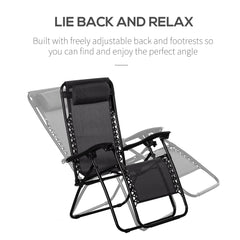 Outsunny 3pcs Folding Zero Gravity Chairs Sun Lounger Table Set w/ Cup Holders Reclining Garden Yard Pool, Black