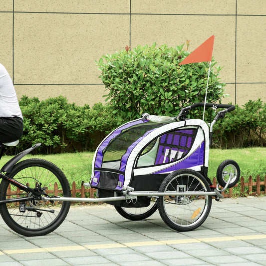 HOMCOM Baby Bike Trailer, Child Bicycle Trailer with 5 Point Harness, Steel Frame, Reflectors, Safety Flag, Hitch Coupler, Purple