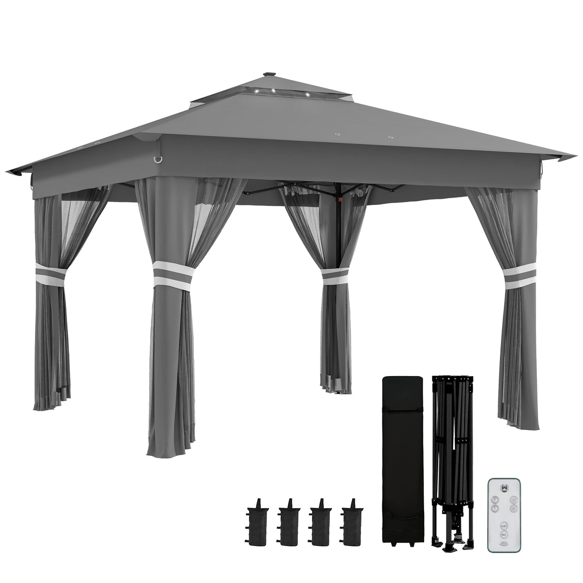 Outsunny 3 x 3(m) Pop Up Gazebo Party Tent with Solar-Powered LED Lights, Adjustable Event Shelter with Netting, Grey