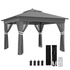 Outsunny 3 x 3(m) Pop Up Gazebo Party Tent with Solar-Powered LED Lights, Adjustable Event Shelter with Netting, Grey