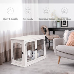 PawHut Dog Crate Furniture, Puppy Crate End Table, Pet Kennel House with 2 Doors for Medium and Small Dogs, 81 x 58.5 x 66 cm, White