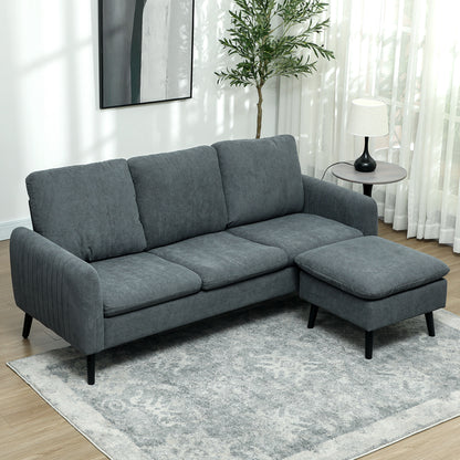 HOMCOM Fabric Sofa with Ottoman, Corduroy L-shaped Sofa Couch with Scatter Back, Reversible 3-Seater Chaise Lounge for Living Room, Home Office, Small Spaces, Charcoal Grey